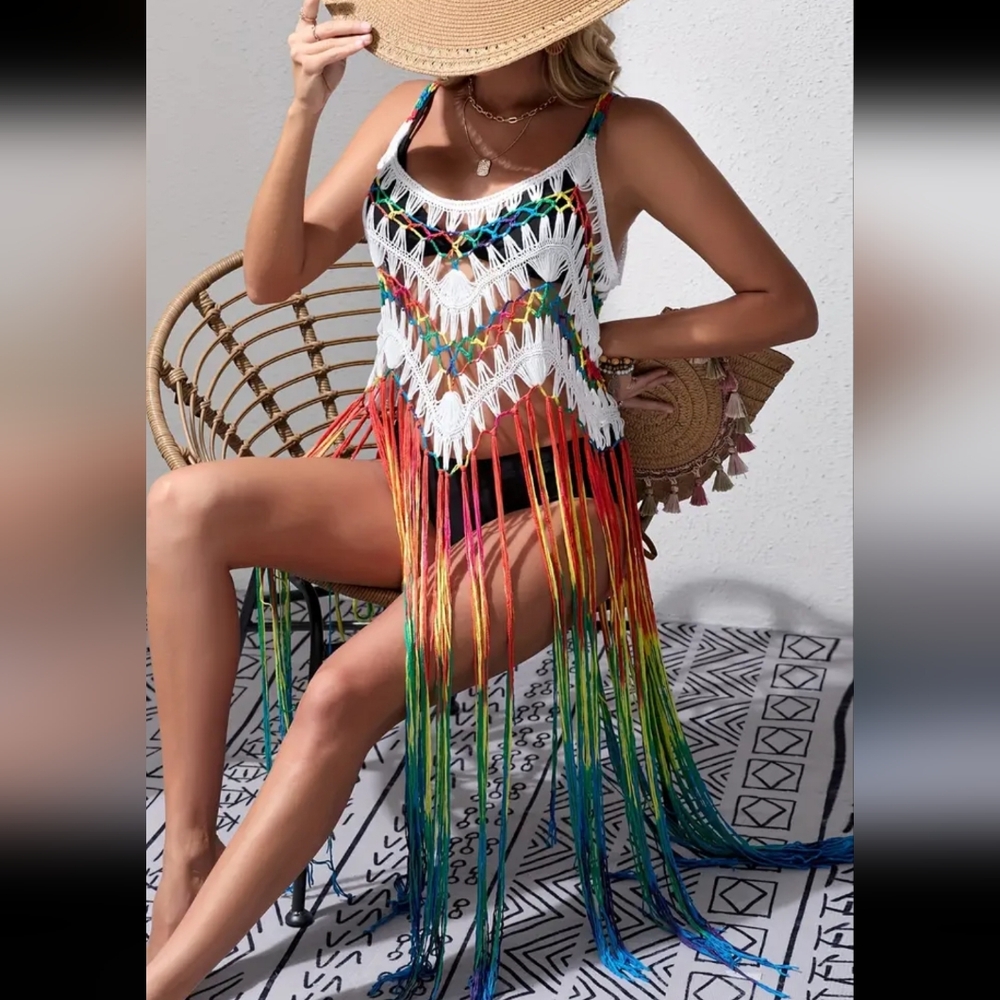 Colorful Hollow Out Crochet Fringe Boho Style Cover Up Dress - Picture 3 of 3